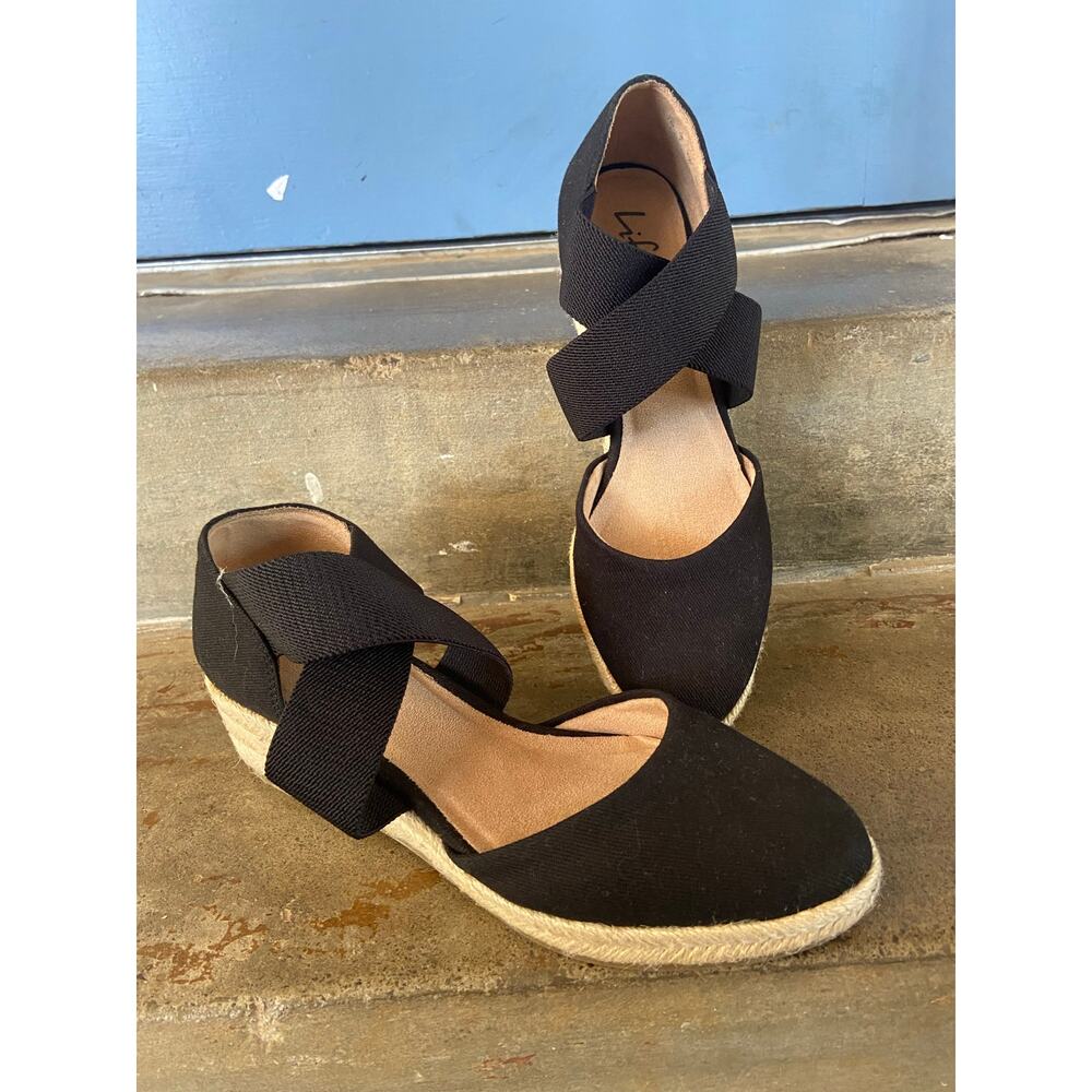 Lifestride Keaton black fabric upper criss cross closed toe espadrille wedge
